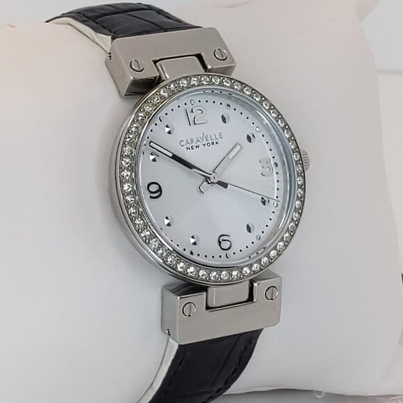 Caravelle Ladies Dress Watch By Bulova Crystal Bezel Reversible Strap 32mm - Picture 2 of 15